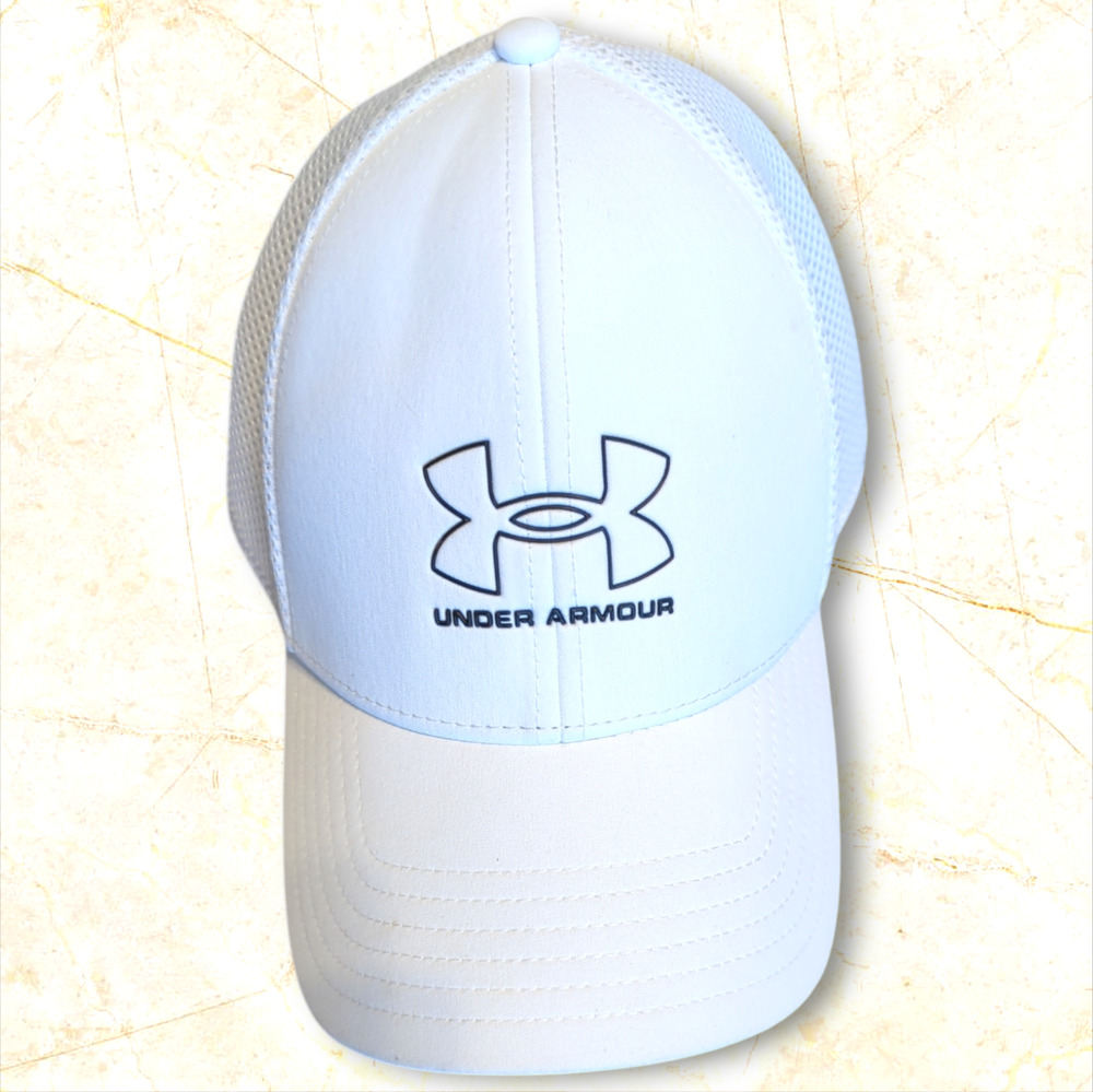 UNDER ARMOUR White and Black ISO Chill Driver Stretch Fit Baseball Cap Men's Hat